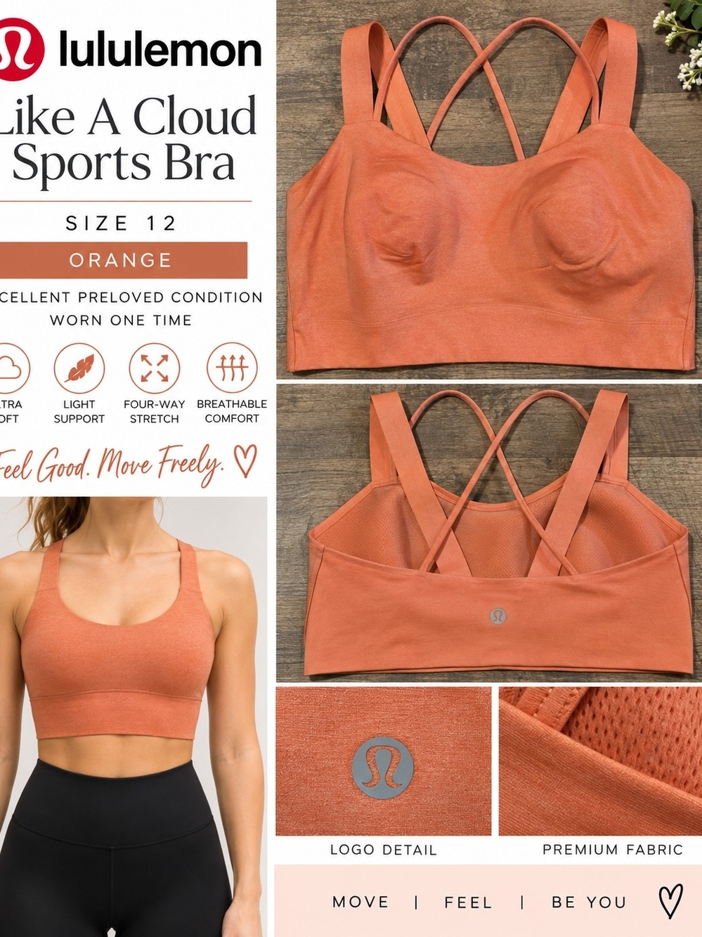 Lululemon Like a Cloud Sports Bra Orange Size 12 Excellent Condition